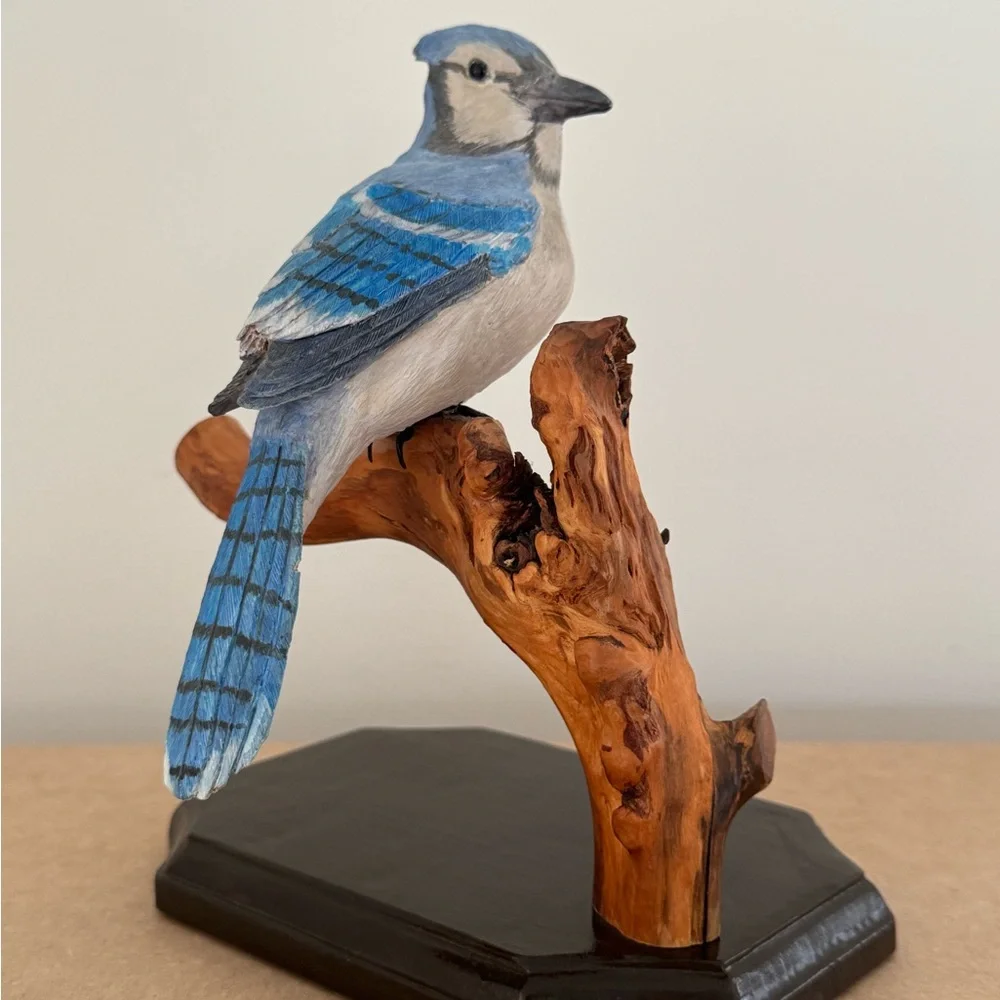 Source Unknown Hand-Painted Blue and White Jay Figurine on Wood Perch